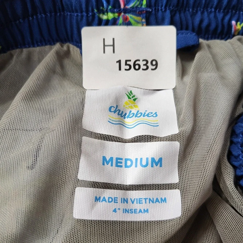 Chubbies Men Swimwear M Navy Blue Swim Trunks Floral Palm‎ Trees Casual Logo 3